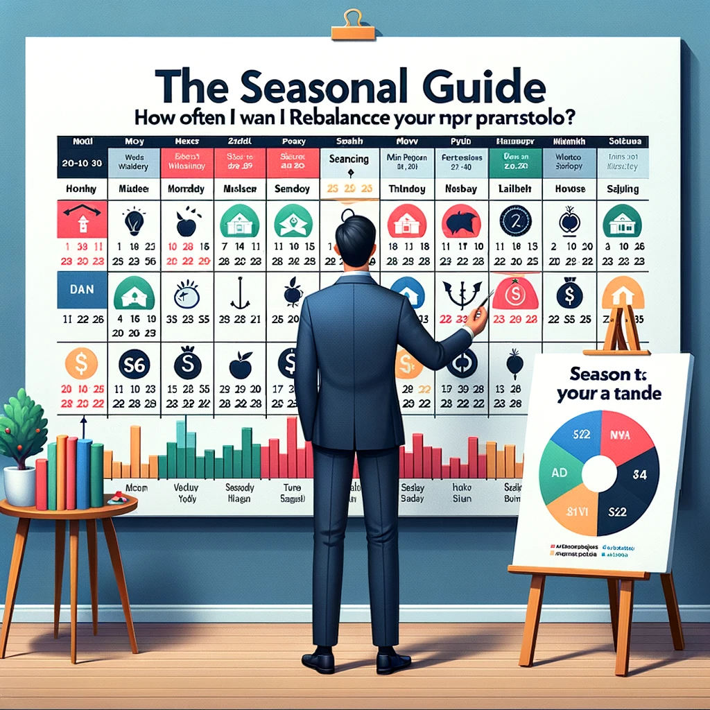Financial planner beside a seasonal calendar highlighting optimal rebalancing dates, with an easel showcasing asset allocations, and the title "The Seasonal Guide".