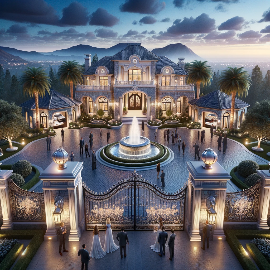 Luxurious El Cajon mansion with ornate gates, a central fountain, and a banner announcing its pinnacle in property management.