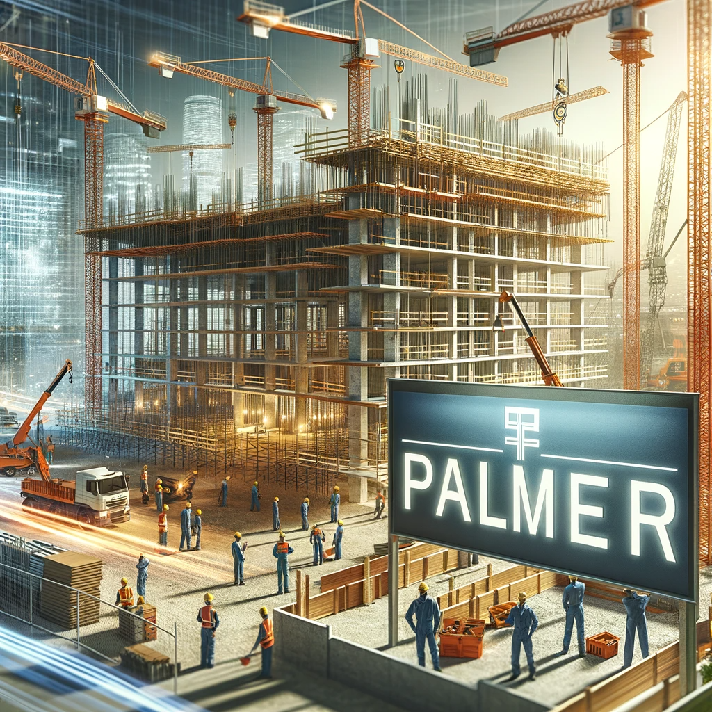 An image depicting a bustling construction site of Palmer Construction Company, with cranes, scaffolding, and workers in safety gear, a signboard with the company's logo, set against a cityscape background.