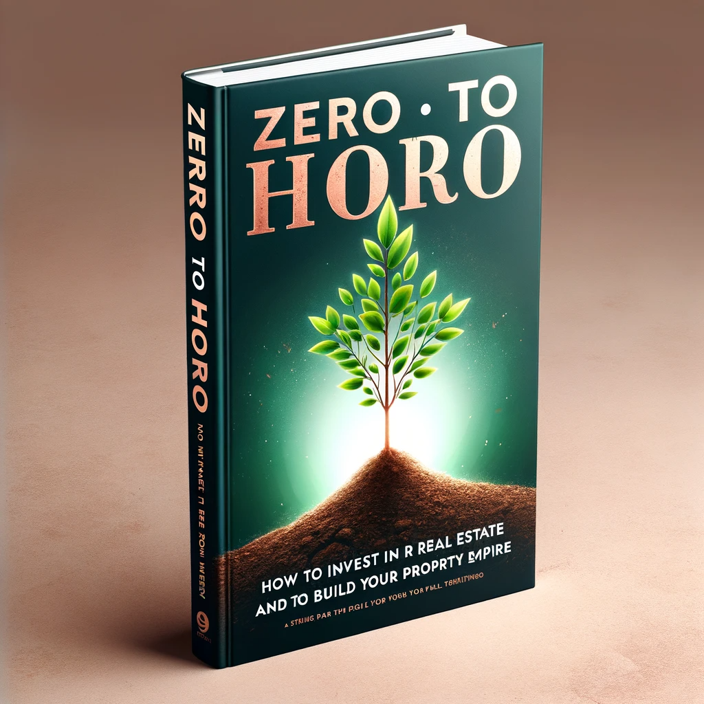 Book cover for "Zero to Hero: How to Invest in Real Estate with No Money and Build Your Property Empire," depicting a seed growing into a mighty tree, symbolizing growth in real estate.