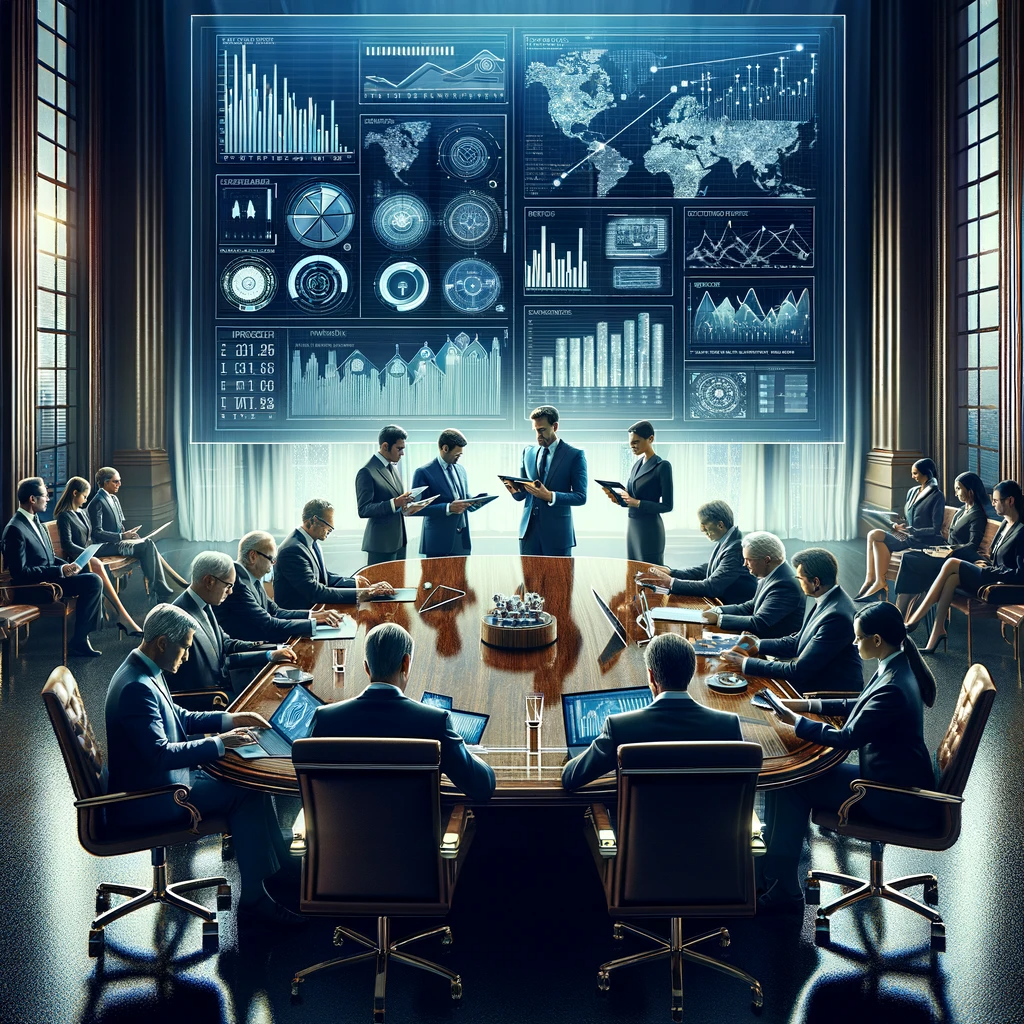 Wealth management experts in deep discussion in an elegant boardroom, with financial graphs in the background, symbolizing in-depth financial reviews.