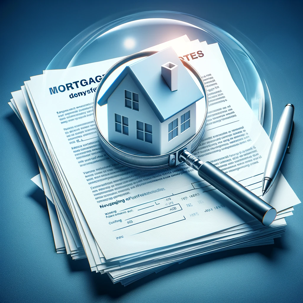 A magnifying glass highlighting important details on a stack of mortgage documents with a simplified house illustration in the background, conveying the theme of understanding home loans.